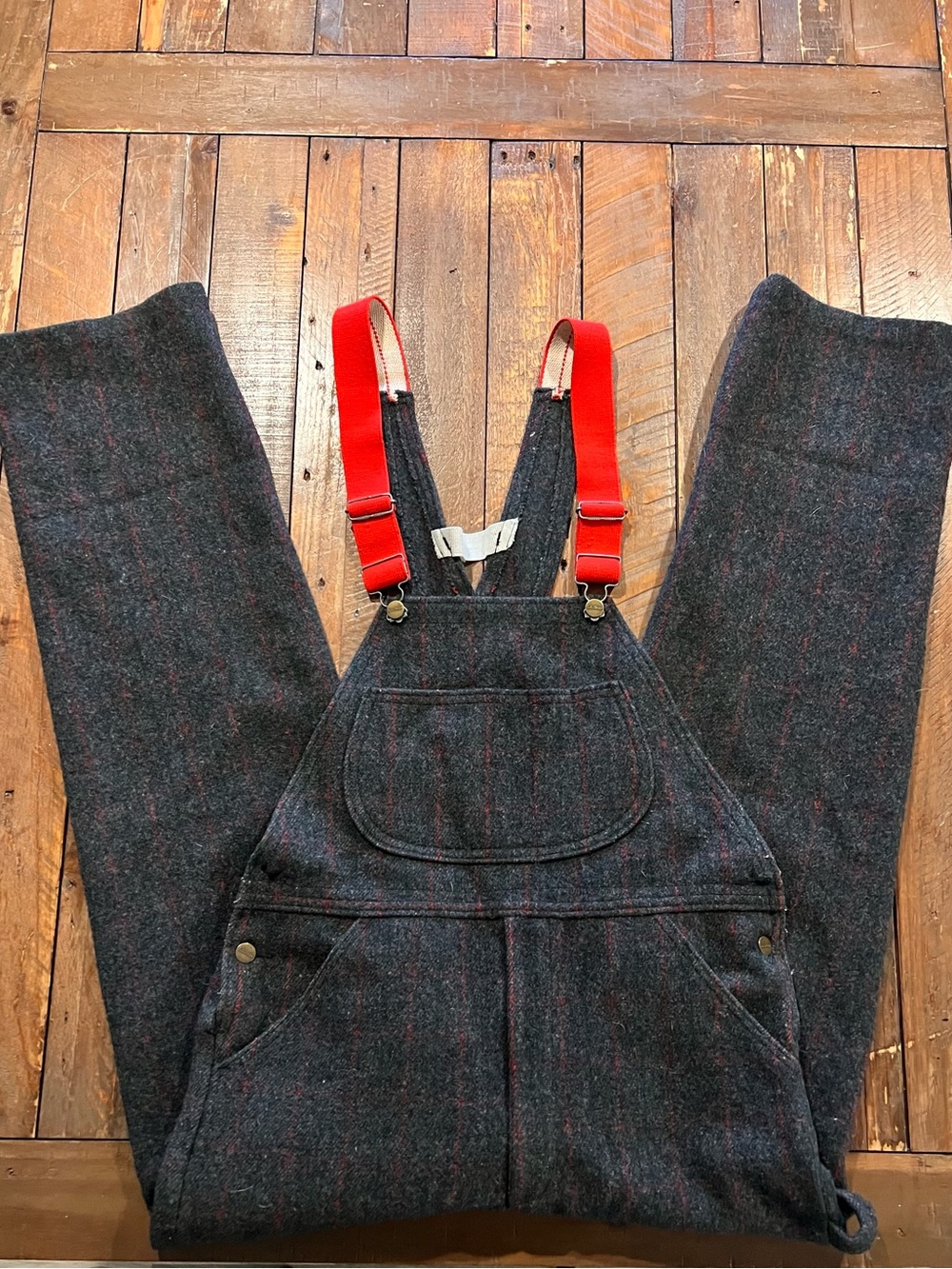 L.L. Bean Dark Gray Wool Blend Overalls with Red Straps